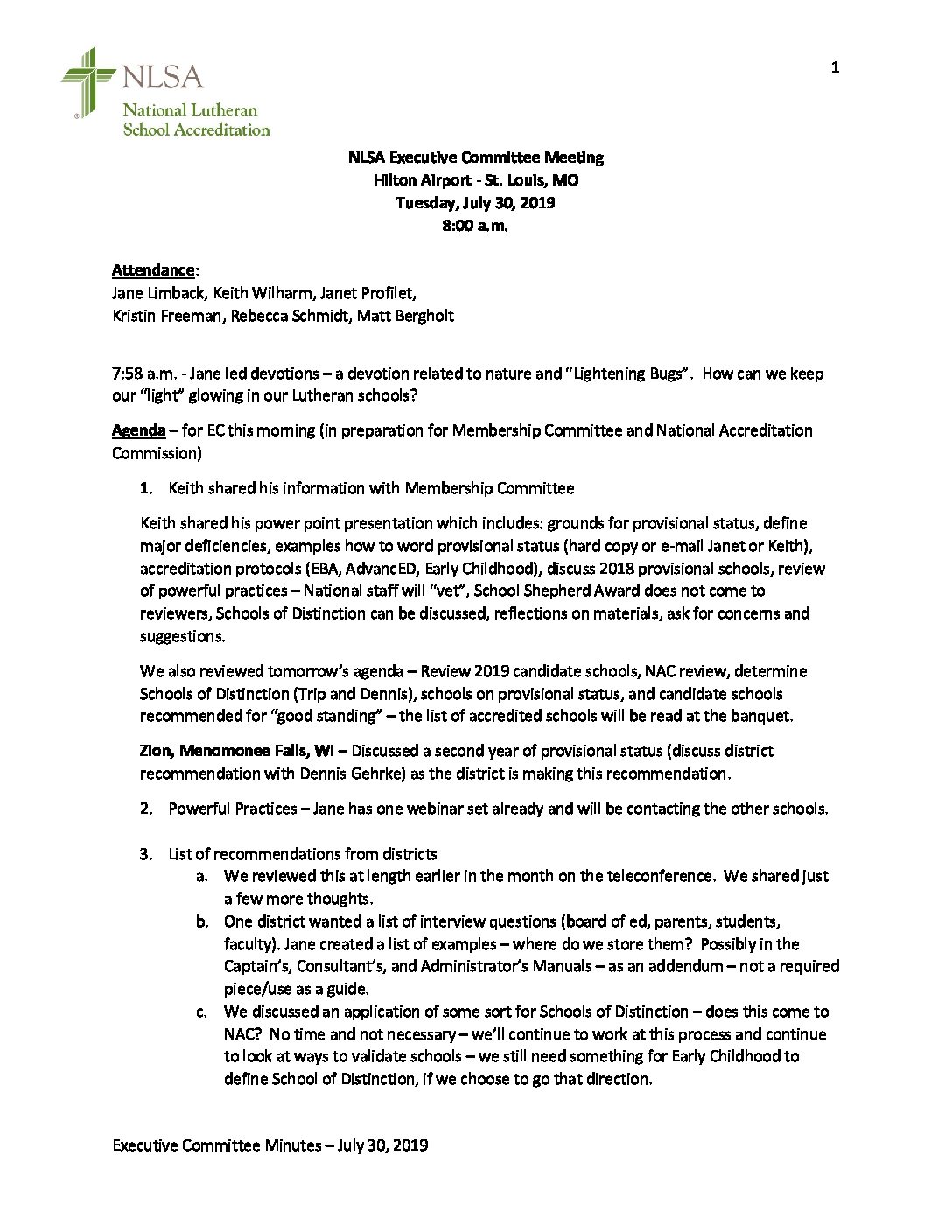 2019 Nlsa Nac Minutes Executive Committee Luthed
